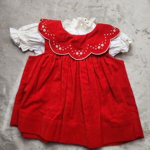 Vintage Baby Dress 3 Mo Red Velvet Floral Embroidered Ruffle Holiday 4th Of July